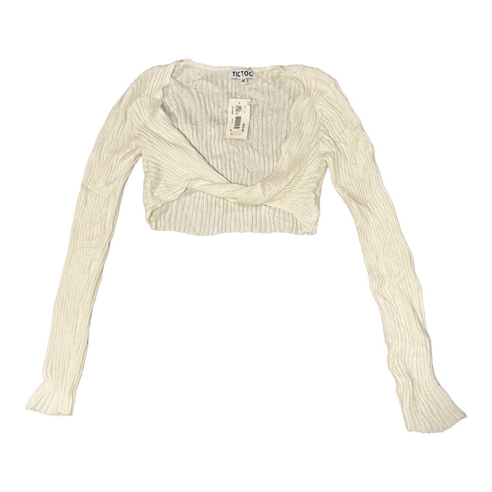 TICTOC NWT White Ribbed Knit Twist Front Crop Top Long Sleeve Size Medium